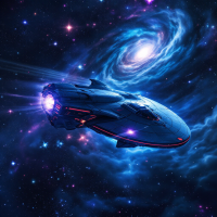 A sleek spaceship navigates through a vibrant galaxy filled with swirling stars and a colorful nebula, embodying the battle for humanity as chosen soldiers of mankind.