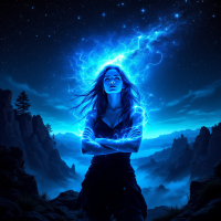 A determined woman stands confidently in a dark, mystical landscape, surrounded by vibrant blue energy, embodying the quote: Courage is not the absence of fear, but the determination to overcome it.