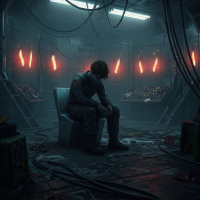 A figure sits dejectedly on a chair in a dimly lit room filled with tangled wires and glowing red lights, capturing a sense of deep sadness and isolation.