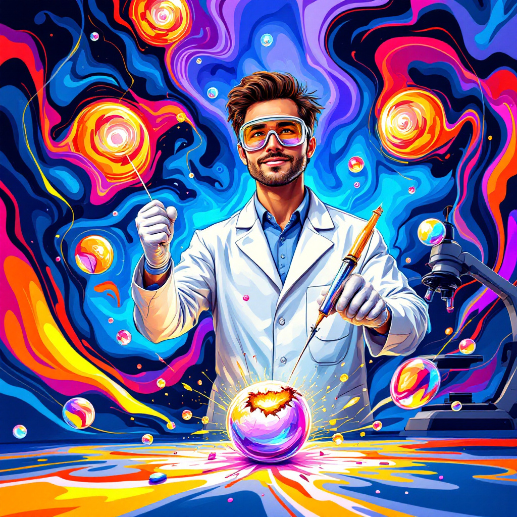 A scientist in a lab coat wields a nanosyringe, surrounded by colorful orbs and swirling patterns, embodying the playful spirit of scientific exploration.