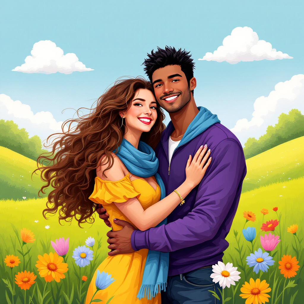 Happy couple embracing in a vibrant field of flowers, embodying the essence of friendship as the most important aspect of life, surrounded by a bright blue sky and gentle hills.