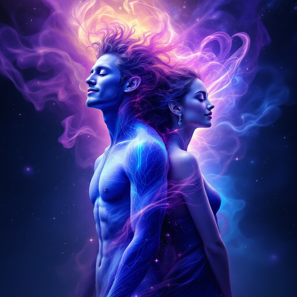 A vibrant, ethereal depiction of a man and woman standing back to back, enveloped in swirling purple and blue energy, reflecting connection and unity.