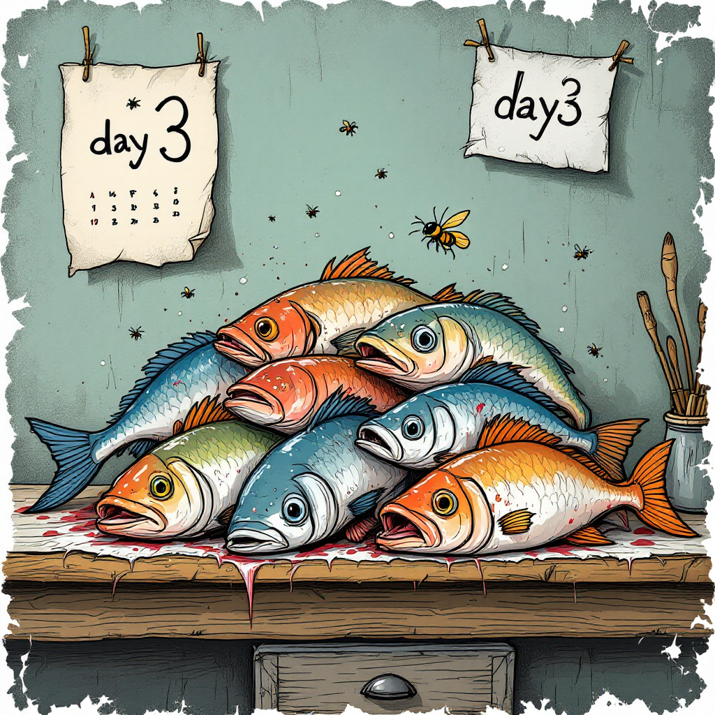 A colorful illustration features a pile of fish on a table, with a calendar marked day 3 above, embodying the quote about fish and company starting to smell after three days.