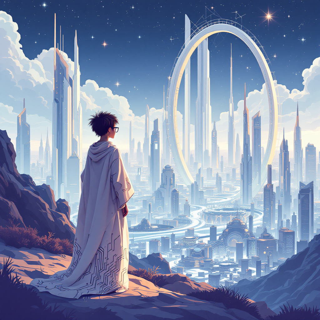 A contemplative figure in a flowing robe stands on a rocky outcrop, gazing at a futuristic city with towering structures and a luminous ring, embodying the wisdom needed for a hopeful future.