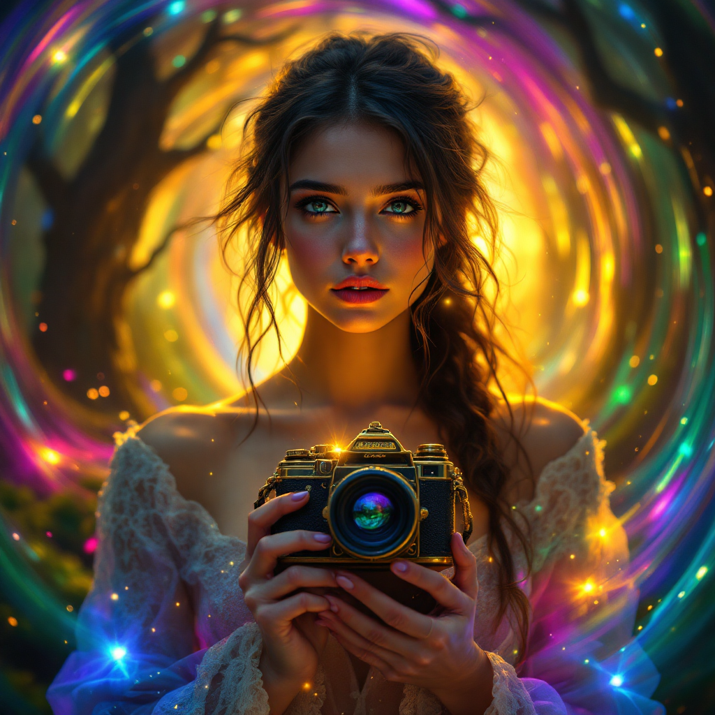 A woman with flowing hair holds a vintage camera, framed by a swirl of colorful magical light, embodying the dual nature of magic as both a blessing and a burden.