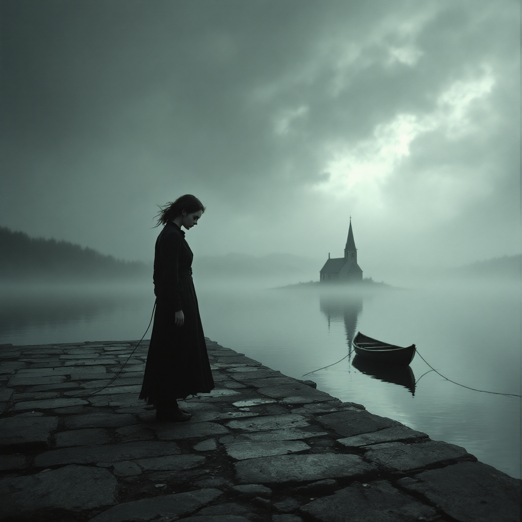 A solitary figure in a dark cloak stands on a misty stone pier, gazing at a distant church steeple reflected in the calm water, evoking the haunting nature of the past.