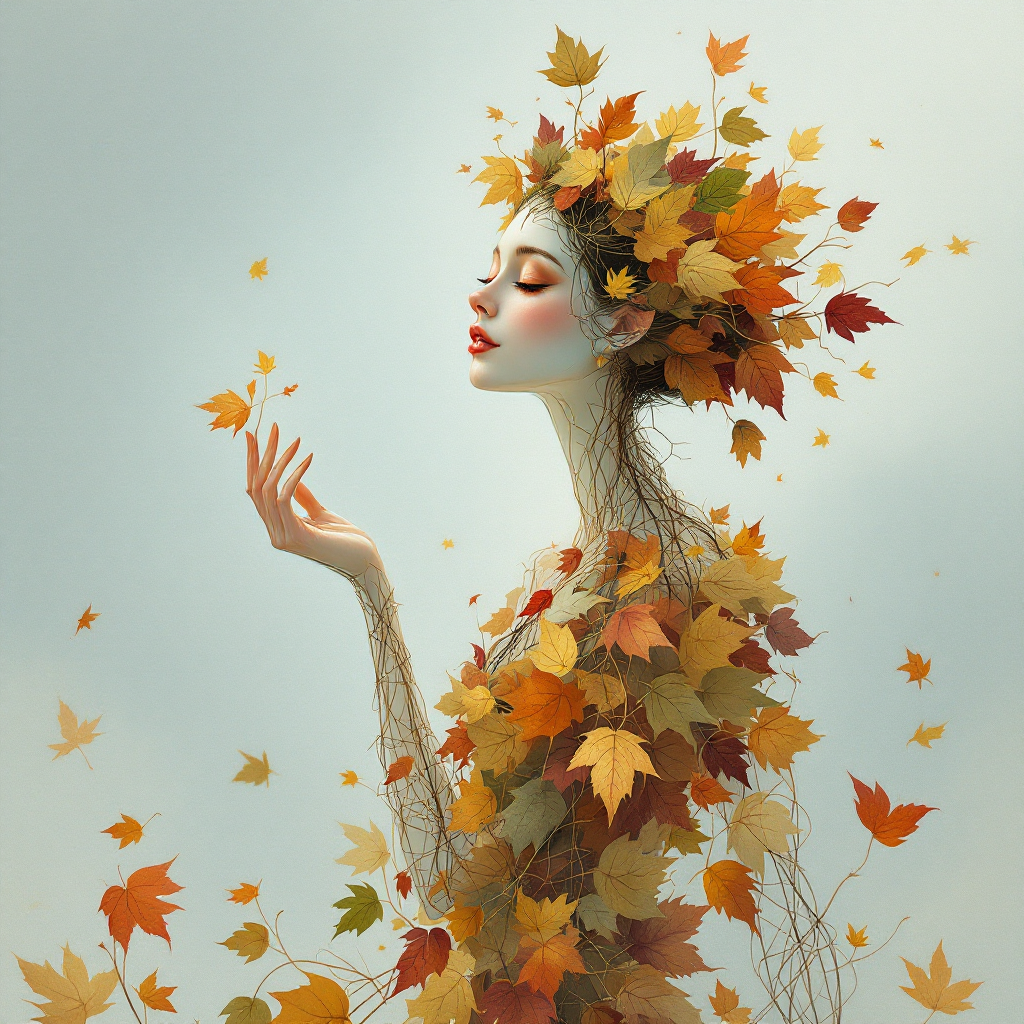 A serene figure adorned with autumn leaves embodies the essence of the quote: Pain is just a part of living, but love is what makes it worth it. The scene captures beauty amidst nature's change.