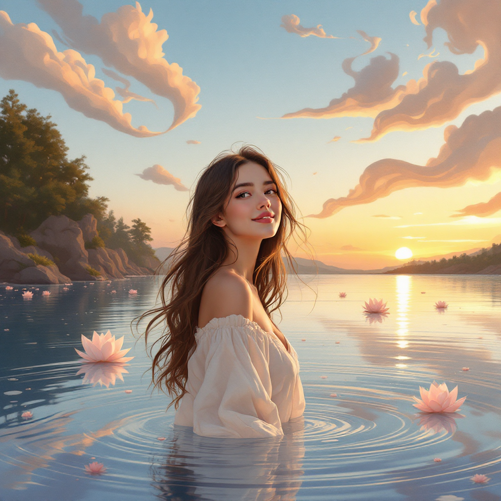 A serene scene captures a young woman standing in calm water at sunset, surrounded by blooming lilies, embodying the essence of deserving a happily ever after despite life's challenges.