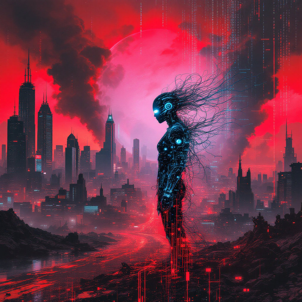 A futuristic figure stands against a dramatic red and black skyline, embodying resilience amidst a dystopian cityscape, reflecting the quote, The world was not made for the faint of heart.