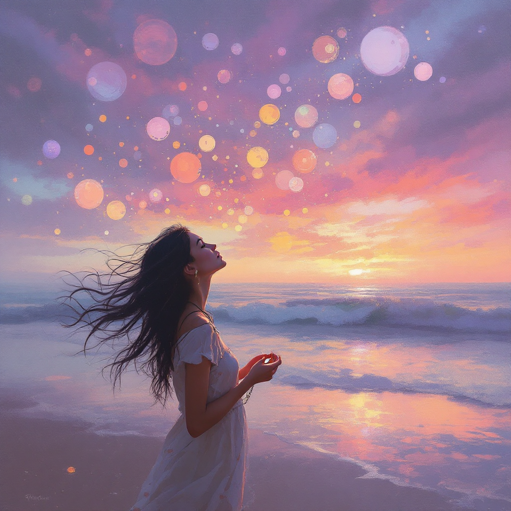 A woman stands barefoot on a beach at sunset, her hair flowing in the wind, as colorful orbs representing memories drift around her, embodying the quote about evolving through experiences.