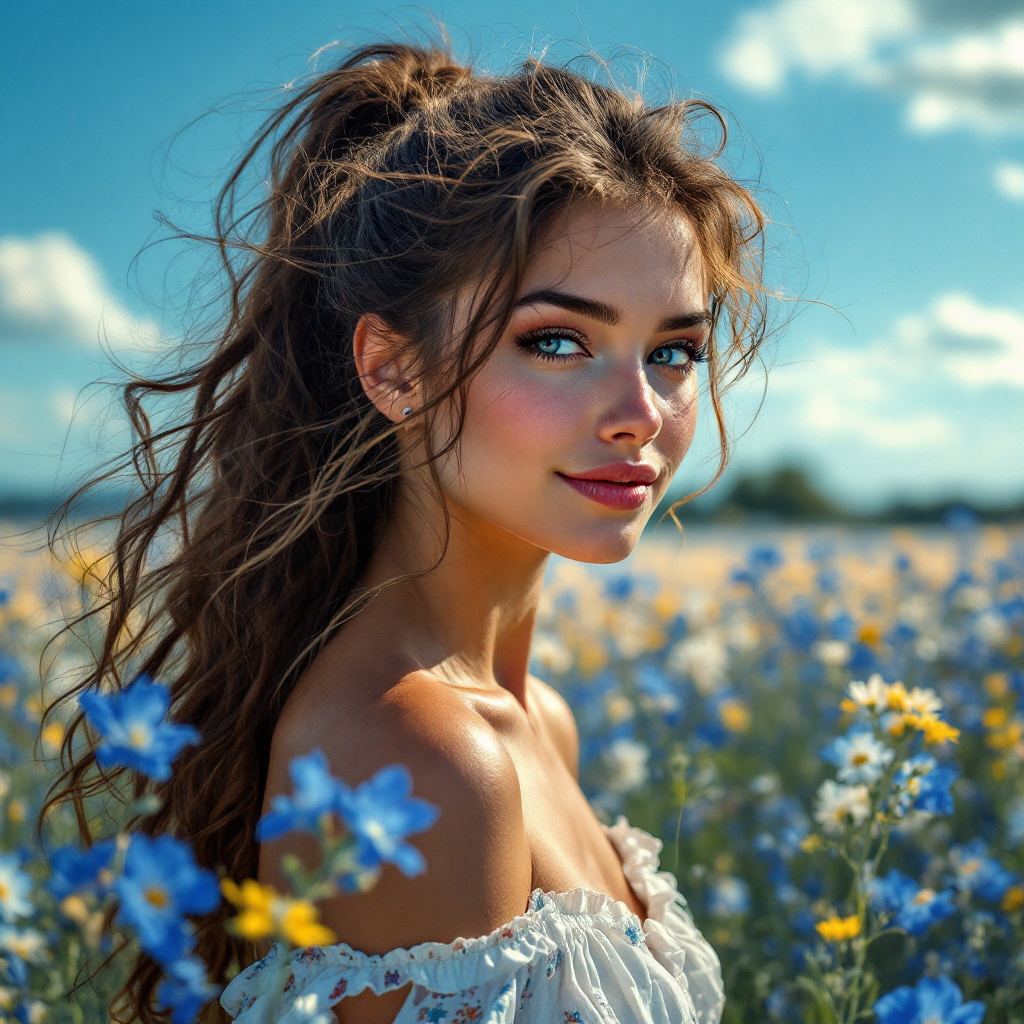 A young woman with long, tousled hair gazes over her shoulder in a vibrant field of blue flowers, embodying a free spirit and a hint of wildness.