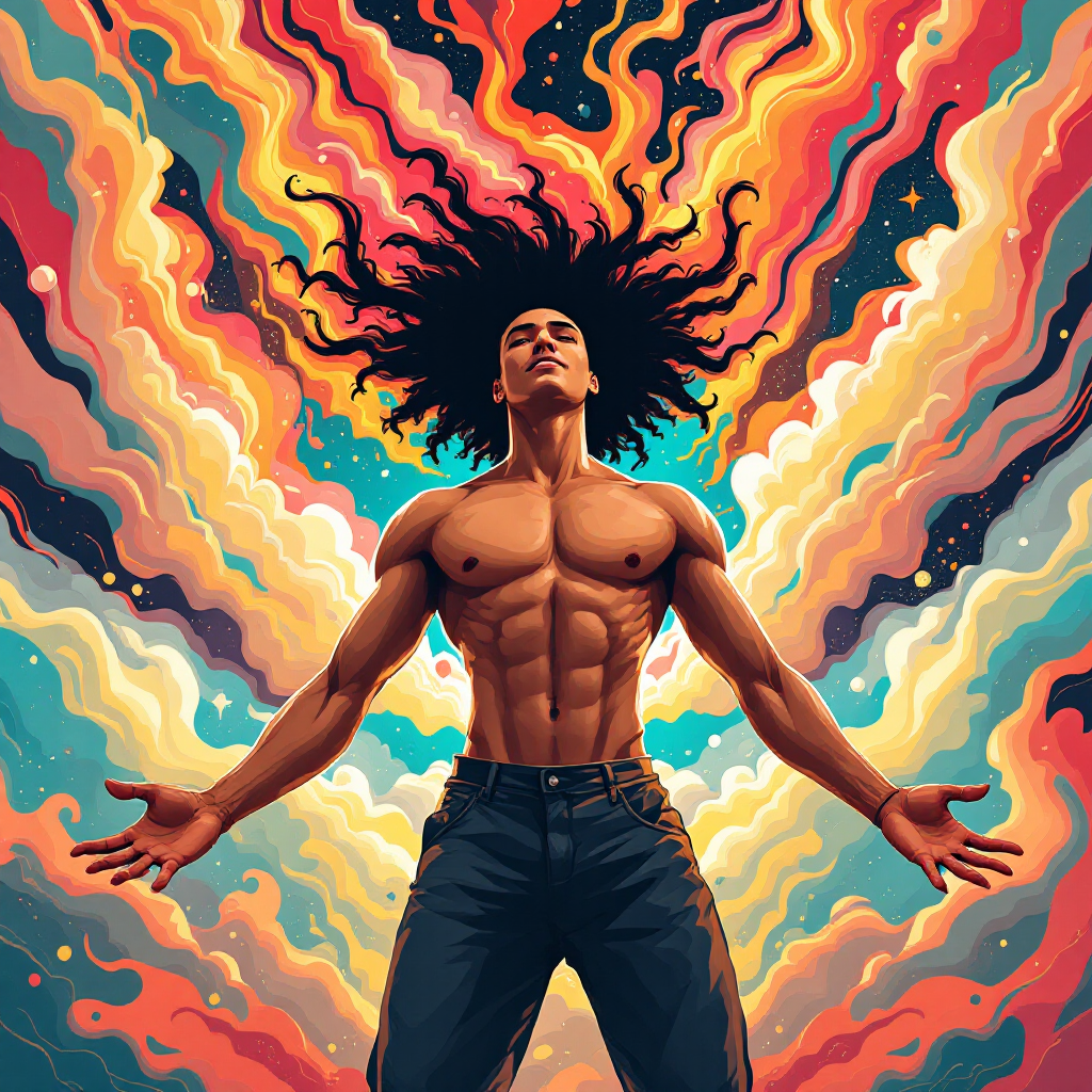 A muscular person stands confidently with arms outstretched, surrounded by vibrant swirls of color, embodying the quote about self-empowerment and overcoming personal limits.