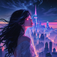 A woman with flowing hair gazes confidently over a vibrant city skyline at dusk, embodying the ambition and drive to reach new heights, illuminated by a colorful sky.