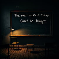 A dimly lit classroom features a chalkboard with the phrase The most important things can’t be taught. Two empty chairs are positioned in front, evoking a sense of reflection.