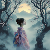 A serene figure in a pink kimono stands amidst misty cherry blossom trees, gazing thoughtfully toward a distant mountain under a large moon, embodying a quest for hidden truths.