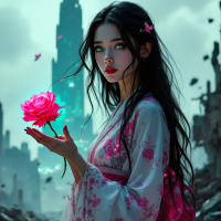 A girl in a floral kimono stands amidst a desolate landscape, holding a glowing pink rose. This scene embodies the quote, In a world of chaos, love can be our greatest weapon.