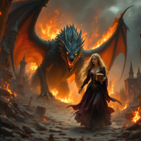 A fierce dragon looms behind a woman in a flowing dark gown, as she strides through a fiery, ruined city, embodying adventure and the thrill of dramatic conquest.