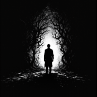 A lone figure stands at the edge of a dark forest, framed by twisted branches, as a bright light emanates from the distance, embodying the tension between fear and courage.