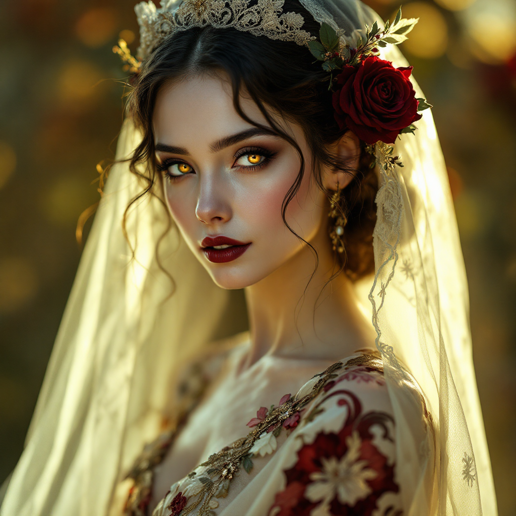 A captivating portrait of a young woman with striking features, adorned in a richly embroidered gown and a delicate veil, exuding an aura of both elegance and hidden strength.