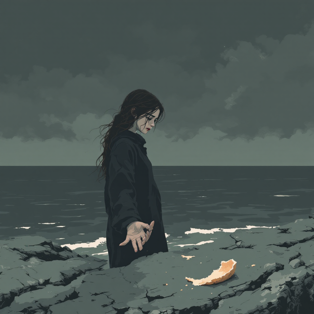 A figure in a dark coat stands on rocky shore, gazing at a distant horizon over a turbulent sea, embodying longing and the weight of choices, echoing the sentiment of unfulfilled desires.