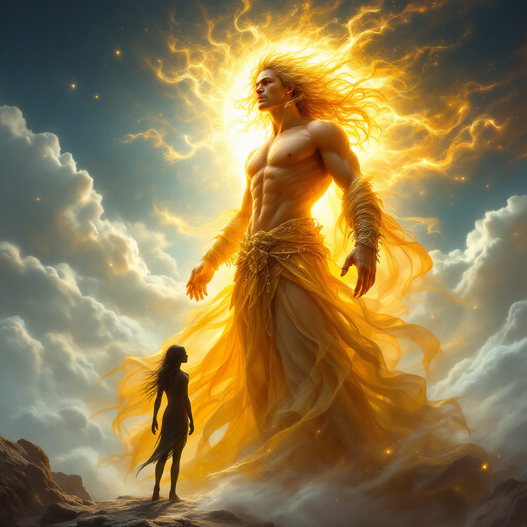 A radiant figure embodying the sun towers above a smaller, shadowy figure, symbolizing the dynamic of light and shadow, reflecting the quote about their intertwined existence.