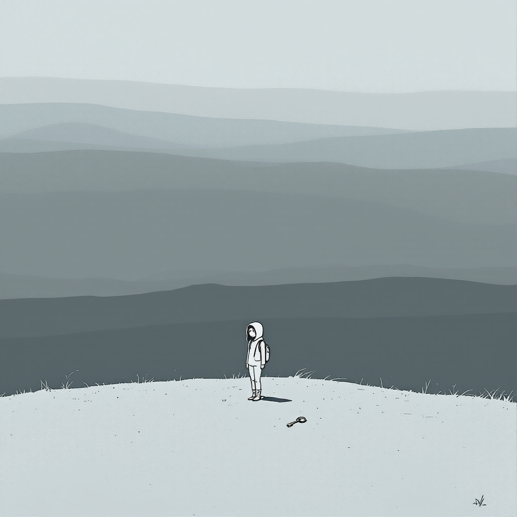 A figure in a white hooded outfit stands on a barren hill, gazing out over a serene, monochromatic landscape of rolling hills, embodying the idea of freedom through the potential to fail.