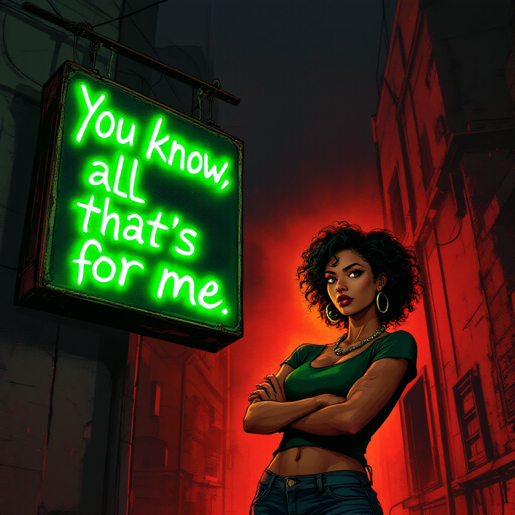 A confident woman stands with crossed arms in front of a glowing neon sign that reads, You know, all that's for me, set against a dark, urban background.