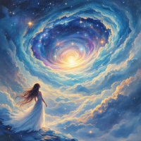 A figure in a flowing white dress stands before a swirling cosmic vortex, symbolizing the infinite potential for rebirth amid the vibrant colors of a celestial sky.