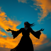 A silhouetted figure in a flowing black dress stands with arms outstretched against a vibrant sunset, embodying the struggle and beauty of facing chaos and making choices.