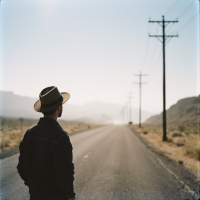 A figure in a hat stands on a deserted road, gazing into the distance where mountains loom, embodying the theme of choices and consequences in life.