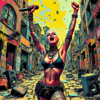 A tattooed woman passionately sings into a microphone in a vibrant, graffiti-filled street, embodying the idea that every experience can be a form of art.