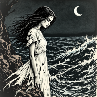 A figure in a tattered dress stands on a rocky shore, gazing down at turbulent waves under a crescent moon, embodying the haunting essence of the quote, Hope is a dangerous thing.