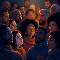 A group of diverse people stands closely together, their expressions reflecting introspection and connection, embodying the essence of shared humanity and the acknowledgment of mistakes.