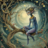 A mystical figure with intricate features sits on a twisting tree branch, surrounded by swirling colors and twinkling stars, embodying the essence of peculiarity.