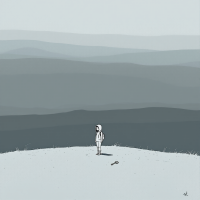 A figure in a white hooded outfit stands on a barren hill, gazing out over a serene, monochromatic landscape of rolling hills, embodying the idea of freedom through the potential to fail.