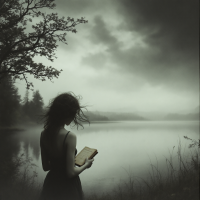 A lone figure stands by a misty lake, holding a book, with dark clouds overhead and trees framing the scene, evoking the theme of roles overshadowing reality.