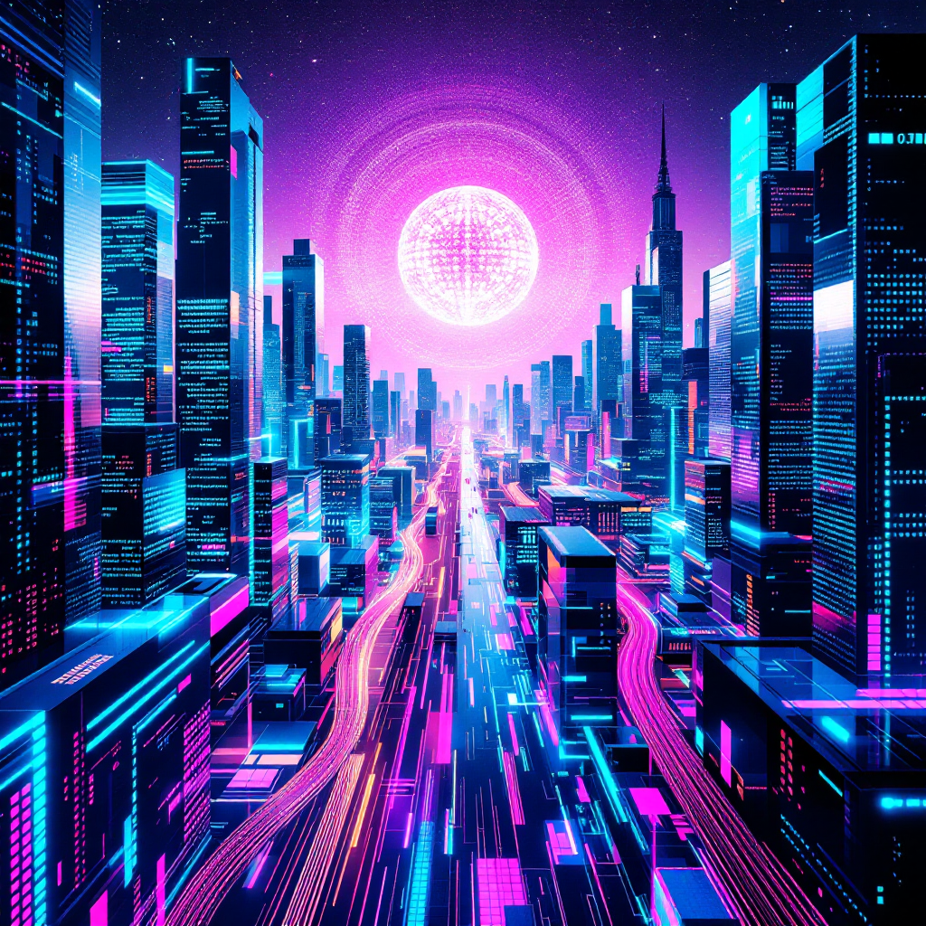 A vibrant futuristic cityscape illuminated by neon lights, with tall skyscrapers and a glowing sun-like orb in the sky, embodying the idea of unity and efficiency in a system.