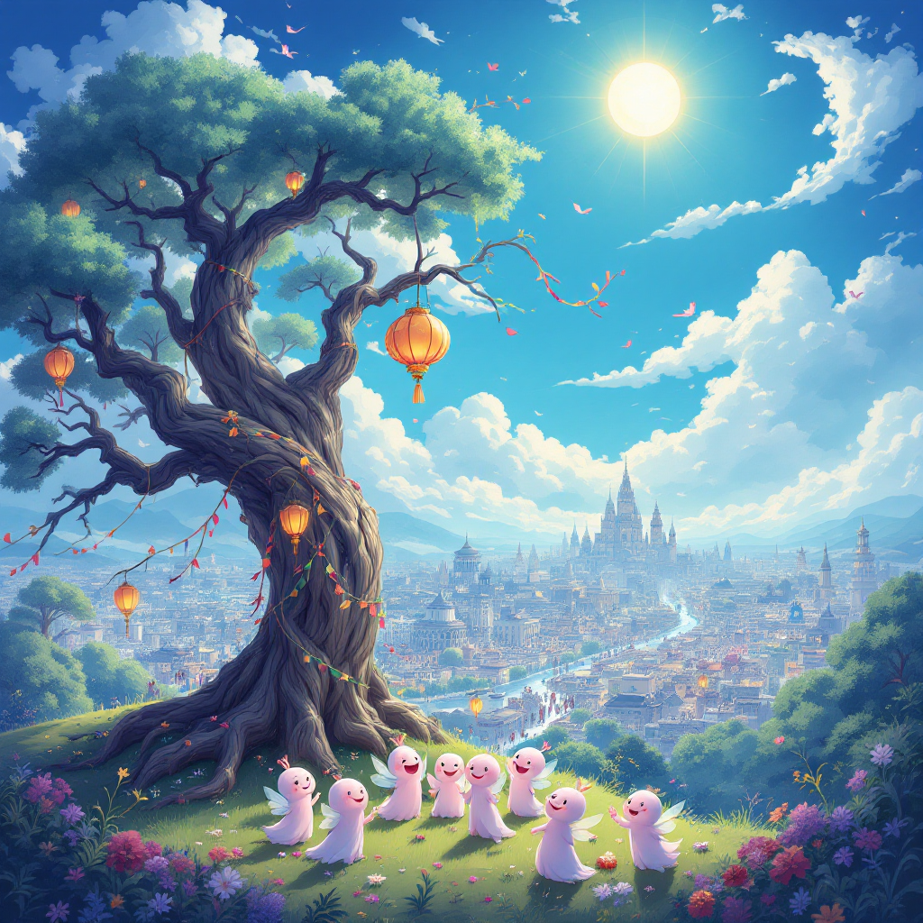 A whimsical scene featuring a large tree adorned with lanterns, surrounded by colorful flowers and playful spirits, under a bright sun and a serene sky, symbolizing harmony between the living and the dead.