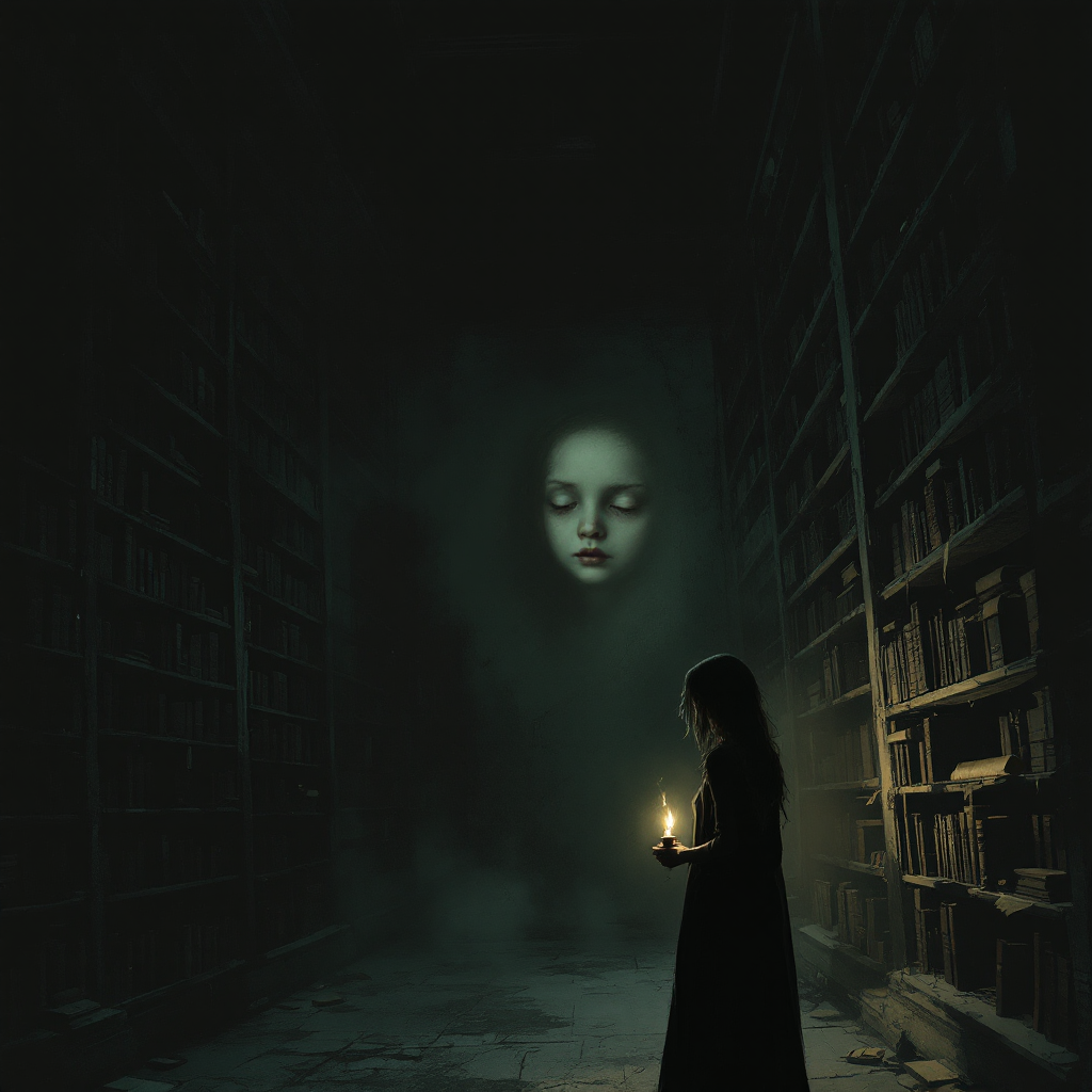 A figure in a dark library holds a glowing candle, gazing at a haunting, ethereal face looming in the mist, embodying the theme of forgotten memories seeking illumination.