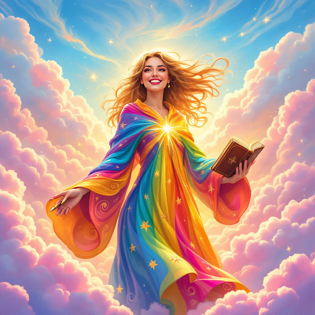 A radiant figure in a colorful, flowing robe stands amidst vibrant clouds, holding a book, embodying the quote, We are all stories, in the end. Just make it a good one.