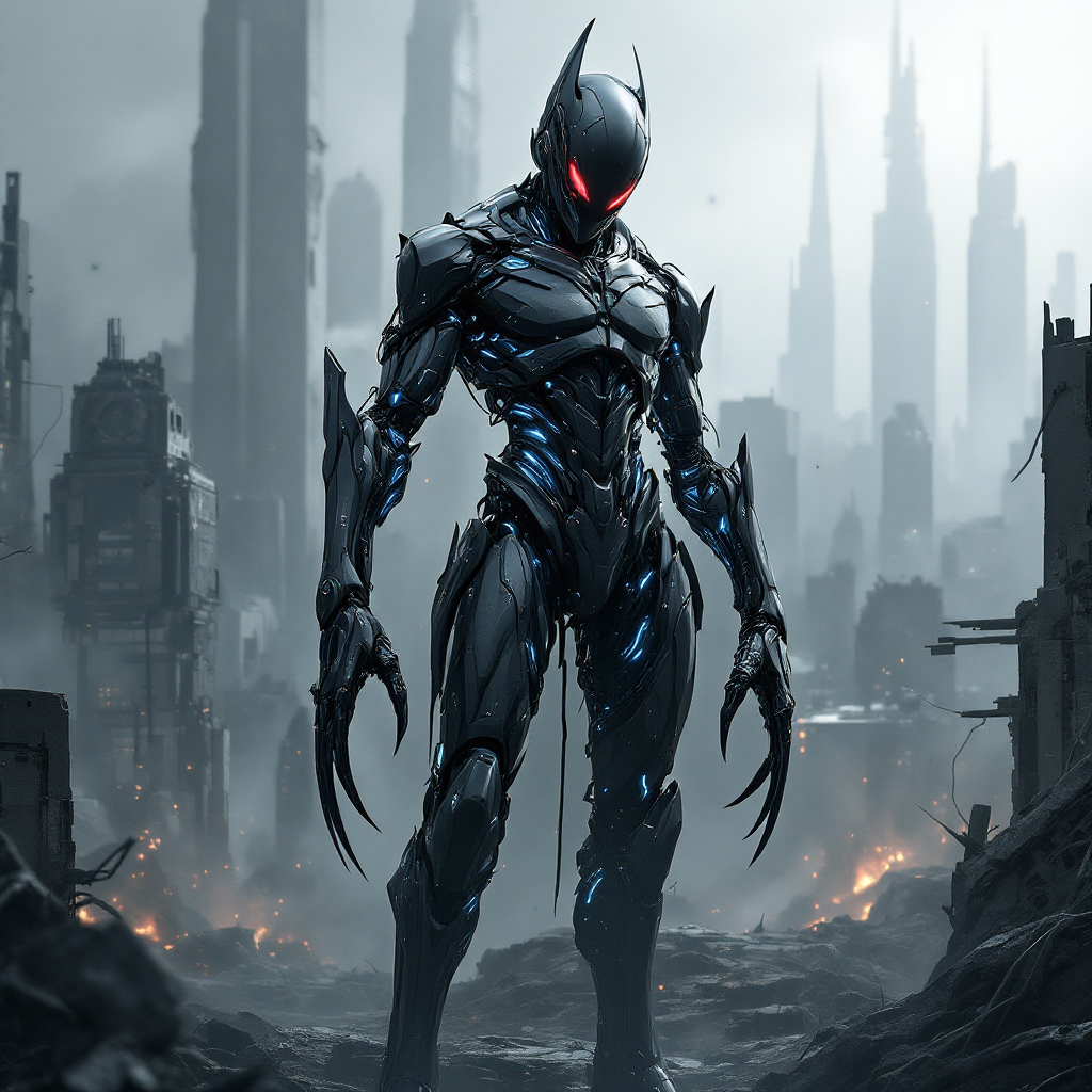 A powerful, futuristic figure stands in a dystopian landscape, embodying the idea that uniqueness drives strength, highlighted by its striking armor and intense red eyes.