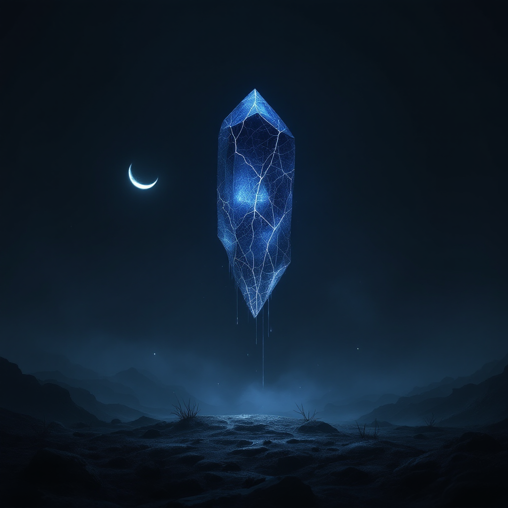 A glowing blue crystal stands alone against a dark, starry sky, symbolizing the fragility of trust, as a crescent moon casts a soft light in the background.