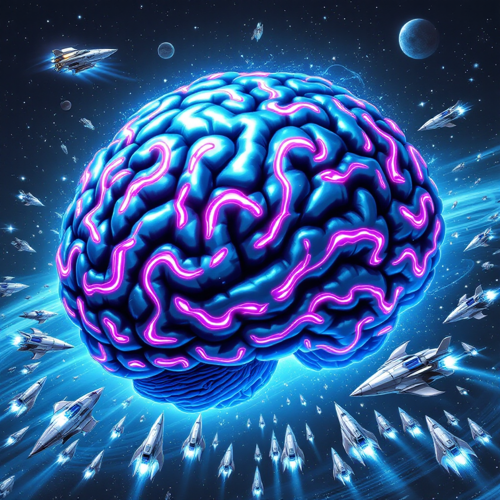 A glowing, planet-sized brain pulses with vibrant blue and pink neural pathways as sleek spacecraft speed outward, reflecting a million-year-old intelligence mastering space travel.