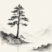 A solitary tree stands on a rocky shore, its branches reaching outward. Soft, misty mountains fade into the background, symbolizing resilience and adaptability in nature.