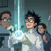 A scientist with glasses holds a glowing orb, demonstrating a nanosyringe, while two intrigued colleagues observe, humorously referencing a scientific poke.