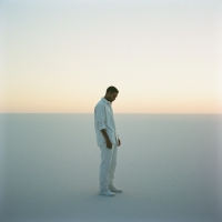 A person stands alone in a vast, empty landscape, dressed in white, as warm hues of sunset blend in the background, embodying the theme of moving forward in life.