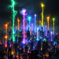 A vibrant city skyline illuminated by colorful beams of light shooting into the night sky, embodying the idea that every light casts a shadow and we must illuminate the darkness.