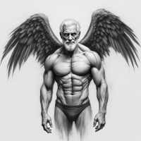 An elderly figure with a muscular physique and dark, feathered wings stands confidently against a plain background, embodying themes of transformation and integration.