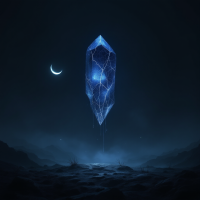 A glowing blue crystal stands alone against a dark, starry sky, symbolizing the fragility of trust, as a crescent moon casts a soft light in the background.