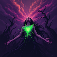 A mystical figure with flowing hair stands in a dark landscape, arms outstretched. A vibrant green light bursts from her heart, surrounded by ominous trees and swirling purple clouds, symbolizing courage and love.